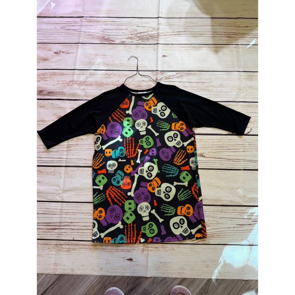 LuLaRoe Girls Halloween Skull Skeleton Raglan Top Black Colorful Size 14